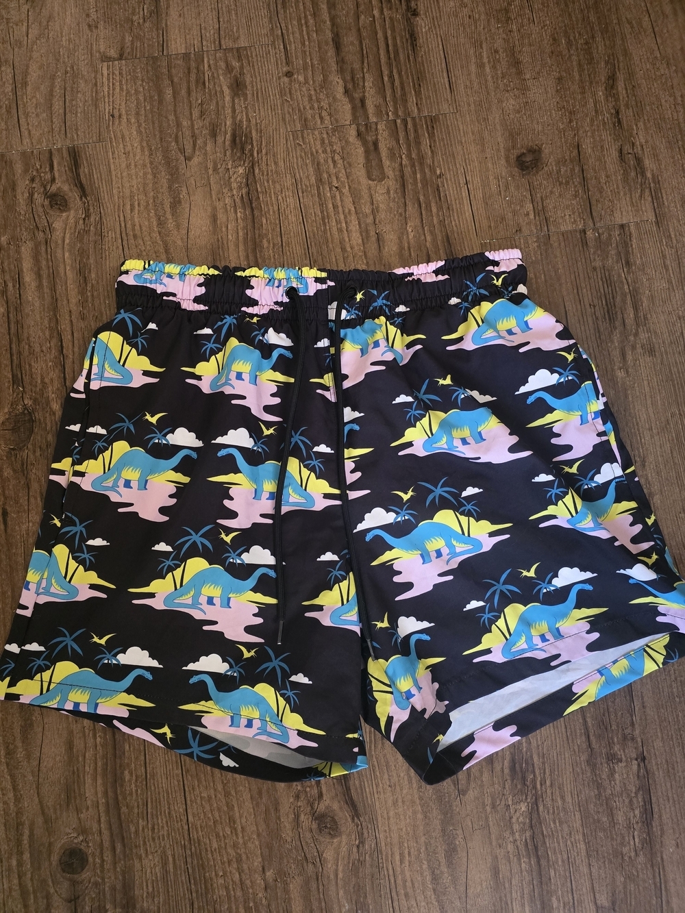 Crown & Ivy Black Swim Trunks with Blue, Yellow and Pink Dino Print